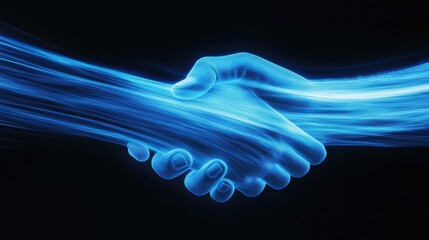Two human hands in a luminous handshake, symbolizing unity and collaboration, set against a dark backdrop with glowing blue lines.