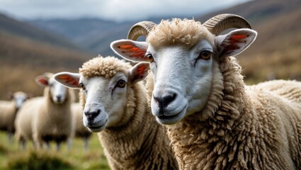 Obraz premium Highland Sheep Grazing in Scenic Landscape with Rolling Hills and Dramatic Skies