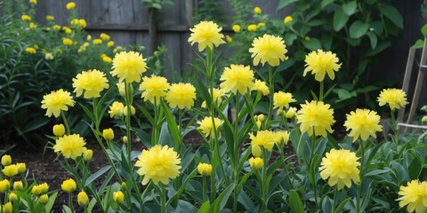 Obraz premium Vibrant Yellow Pentalinon Luteum Flowers in Bloom in a Garden with Lush Green Foliage and Space for Text or Graphics on a Sunny Day