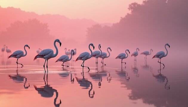 Elegant flamingos walking through misty waters at dawn with soft pastel reflections