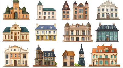 Fototapeta premium Urban retro colonial style building cartoon vector set illustration. Old residential and government buildings, church, Victorian houses isolated on white background