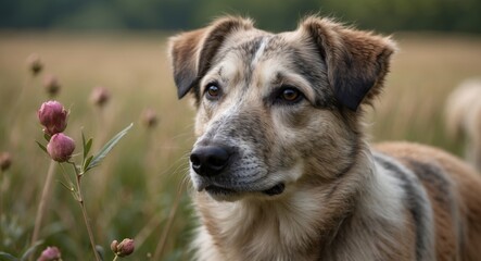 Fototapeta premium Shepherd dog standing in a field surrounded by flowers, showcasing a serene expression and natural beauty in a pastoral setting.