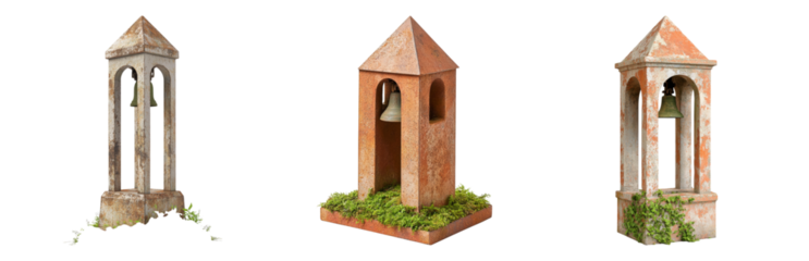 Rustic stone bell towers in weathered design Isolated on transparent background