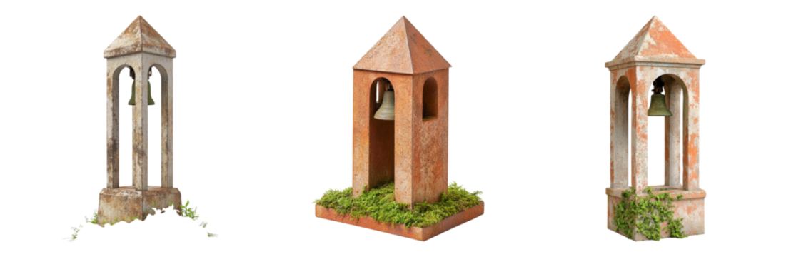 Rustic stone bell towers in weathered design Isolated on transparent background