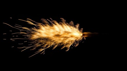 A dynamic burst of golden sparks creates an abstract flame-like structure against a dark background, conveying energy and movement.
