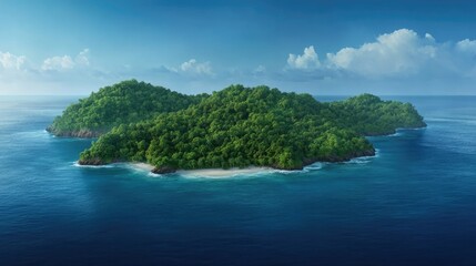 Fototapeta premium Lush tropical island surrounded by clear blue waters under a bright sky with fluffy clouds in a serene ocean setting