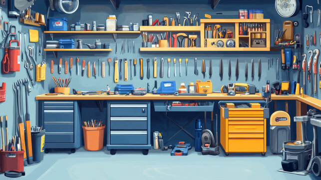 Garage interior with tools for carpentry and repair works. Vector cartoon illustration of workshop or storeroom with toolbox and paint brushes on workbench, screwdriver, hammer and plier on wall board