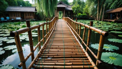 Bamboo Bridge Over Lotus Pond Surrounded by Lush Greenery in a Peaceful Countryside Setting. Ideal for Nature and Tranquility Themes.