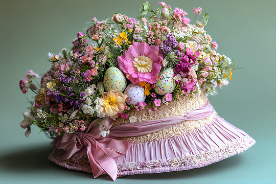 A colorful Easter bonnet with vibrant flowers, pastel ribbons, and whimsical decorations, capturing the essence of springtime joy.