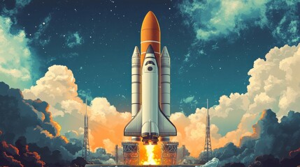 Fototapeta premium Pixel Art Rocket Launch at Night