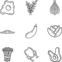 healthy food icons consist of eggs, onions, cabbage, avocado, wheat, salmon, chicken, eggplant and enoki mushrooms