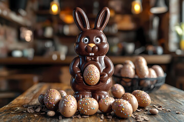 A whimsical, colorful illustration of a garden on Easter morning, with a Chocolate Easter Bunny and eggs missing. Bright, playful, and detailed style.