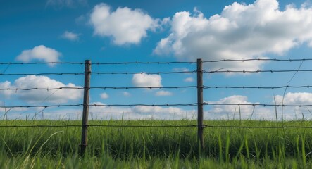 Fototapeta premium Rustic Barbed Wire Fence Against Lush Green Field Under Bright Blue Sky and Fluffy White Clouds