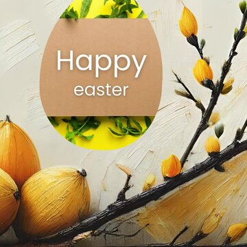 abstract easter holiday greeting postracrd with "happy easter" text and acrilic painting animation with egg & blooming tree branch