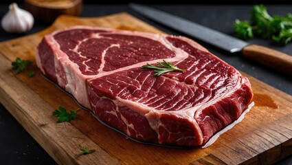 Fototapeta premium Juicy Raw Ribeye Steak with Fresh Herbs on a Rustic Wooden Cutting Board Ready for Grilling or Barbecue Cooking Preparation