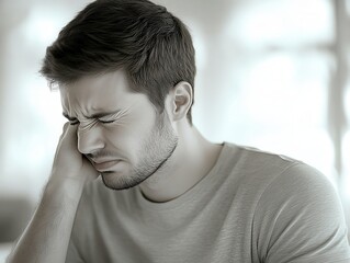 Fototapeta premium Young Man Displaying Emotional Pain and Distress in Soft Light Setting