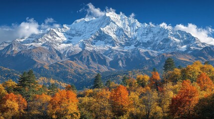 Autumnal Snow Mountain Landscape, vibrant foliage