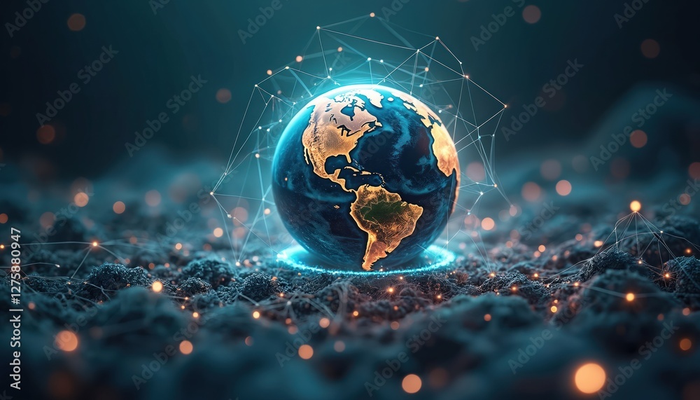 Poster digital earth globe surrounded by network. global connectivity, tech advancement, cyber future conce