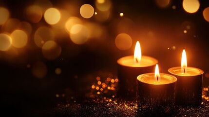 Three elegant candles flicker against a backdrop of warm golden bokeh, creating a serene and romantic ambiance.