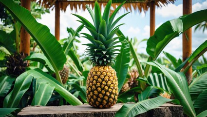 Fototapeta premium Tropical Pineapple Surrounded by Lush Banana Leaves in Garden Setting Ideal for Travel and Nature Inspiration