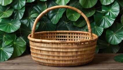Obraz premium Vintage Bamboo Basket on Wooden Surface Surrounded by Lush Green Leaves Ideal for Eco-Friendly and Rustic Aesthetic Decor