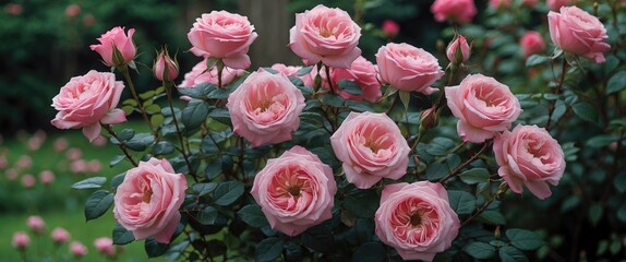 Obraz premium Blooming Pink Roses Surrounded By Greenery In A Lush Garden Setting Capturing Natural Beauty And Serenity Of Flowering Plants
