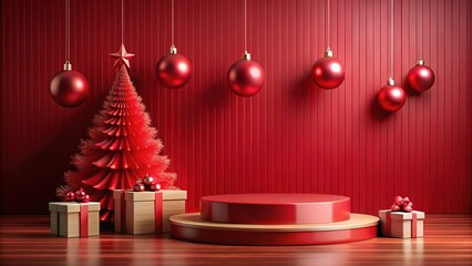 Abstract Minimalistic Christmas Background with Red Wooden Podium