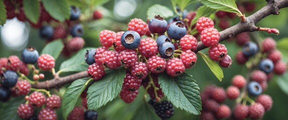 Vibrant Ripe Berries and Blueberries Clustered on a Branch Surrounded by Lush Green Leaves in a Natural Setting