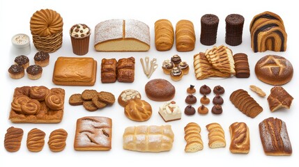 An assortment of various baked goods displayed on a white background, showcasing textures and shapes