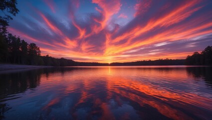 Obraz premium Vibrant Sunset Reflection Over Tranquil Lake With Serene Colorful Skies And Empty Space For Your Text Or Message