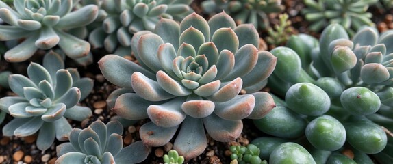 Sedum Pachyphyllum Succulent Plants Arrangement with Copy Space for Text in Natural Light Setting