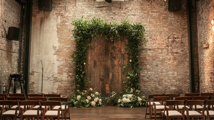 Naklejka premium A beautifully arranged wedding backdrop featuring a wooden arch adorned with lush greenery and flowers, set in a rustic, ambient venue.