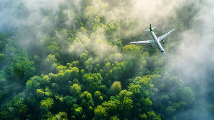 Tranquil morning scene of commercial airplane gliding above fog-shrouded forest landscape demonstrates sustainable aviation amid nature's dawn spectacle