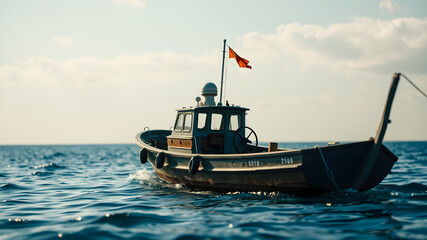 Fototapeta premium A small boat drifting peacefully in the middle of the vast ocean, surrounded by endless blue water and a clear sky. A serene and tranquil scene that evokes a sense of solitude.