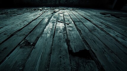 A low-angle shot of weathered wooden floorboards in an abandoned space, capturing a sense of decay and nostalgia.