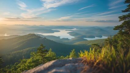 Fototapeta premium Breathtaking panoramic view from a mountainous peak showcasing lush greenery and serene lakes during early summer in a national park.