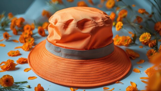 Vibrant Orange Bucket Hat Surrounded by Flowers with Clear Background for Text Placement and Creative Use