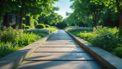 Fototapeta premium Serene Concrete Pathway Surrounded By Lush Greenery And Colorful Flowers In A Summer Garden Setting Ideal For Visual Content And Text Space