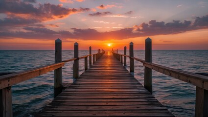 Fototapeta premium Serene Wooden Pier Leading to a Vibrant Sunset Over Calm Waters Reflecting Orange and Pink Skies