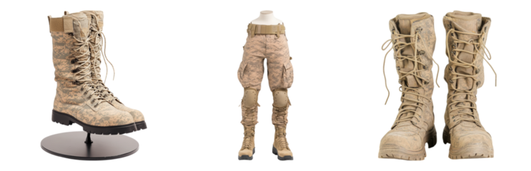 Military Desert Boots with Tactical Uniform Display Isolated on transparent background