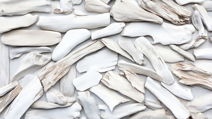 Obraz premium A serene arrangement of white driftwood pieces, showcasing natural textures and shapes, perfect for coastal-inspired decor.