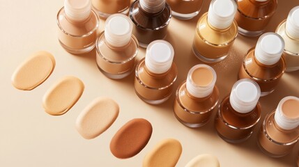 Foundation Shades Variety Various shades of liquid foundation makeup for diverse skin tones are displayed in bottles with swatches on a neutral background, showcasing cosmetics.