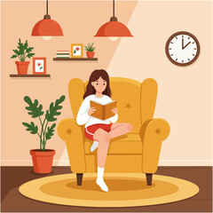 Woman Reading Book Comfortably in Armchair Relaxing at Home Illustration