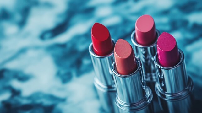 Lipstick Shades on Blue A quartet of lipsticks stands elegantly against an abstract blue backdrop, showcasing a range of shades, from deep red to soft pink.