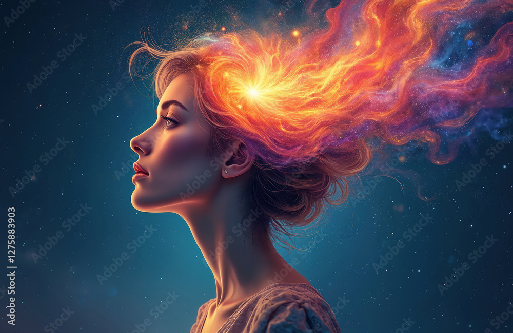 Poster ai generated illustration of mind exploding with light, inner world, dreams, emotions, imagination. 