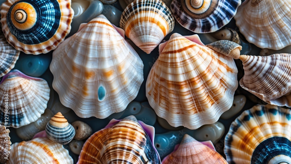 Poster colorful collection of ocean mollusk shells with distinct patterns and textures perfect for coastal 