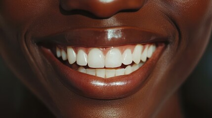 Fototapeta premium Close-up of a smiling Black woman, showcasing her radiant white teeth and joyful expression against a soft, blurred background.