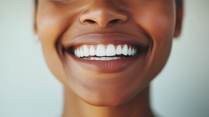 Fototapeta premium A joyful young Black woman smiles brightly, showcasing her radiant white teeth against a soft, neutral background.