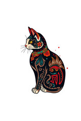 Colorful black cat adorned with intricate floral designs and vibrant patterns sits gracefully against a white background, showcasing artistic creativity and attention to detail