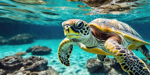 Fototapeta premium Close-up of a Green Sea Turtle swimming gracefully in clear tropical waters with vibrant underwater scenery and space for text overlay.